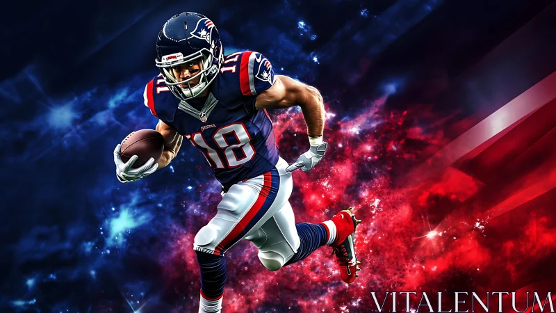 American football runner surges through cosmic red nebula