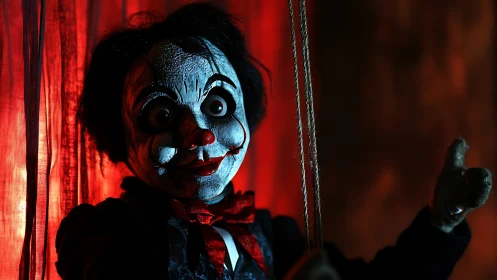 Eerie puppet on red stage curtain invites bold stares.