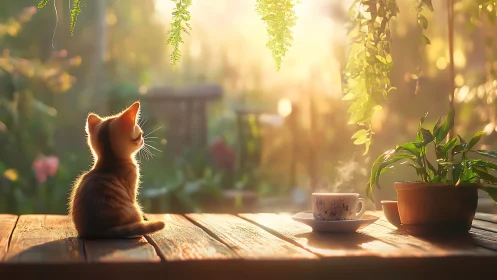 Kitten Gazes at Garden in Warm Sunrise Light.