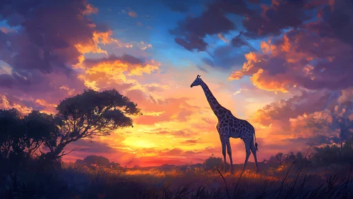 Giraffe pauses under wildfire clouds at painted savanna dusk.