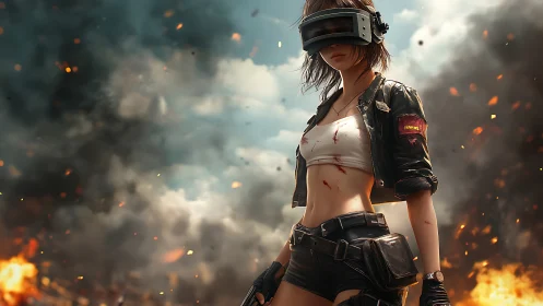 Cyberpunk warrior girl stands in burning battlefield haze.