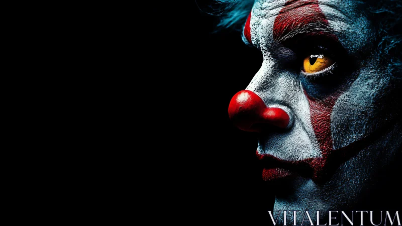 Sinister side-profile clown portrait with vivid yellow eye.