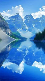 Mountain lake reflects snow peaks and clouds in bright daylight