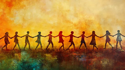 Children Holding Hands Silhouette Against Warm Abstract Background.