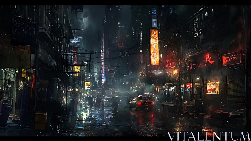 Rain-soaked neon alleyway with dense cyberpunk nightlife glow.