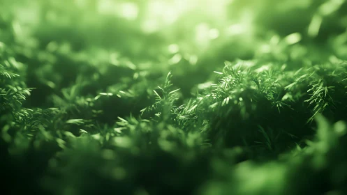 Lush Moss in Soft Focus, Sunlit Nature Close-Up Photography.