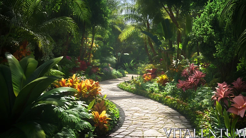 Sunlit tropical garden path with vivid blooming foliage.