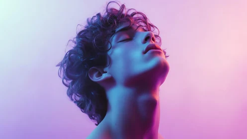 Neon-lit portrait captures serene surrender in soft gradients