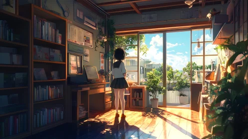 Girl in sunlit study overlooking quiet suburban rooftops.