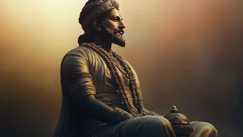 Radiant statue of a seated king glows in gentle sunrise light