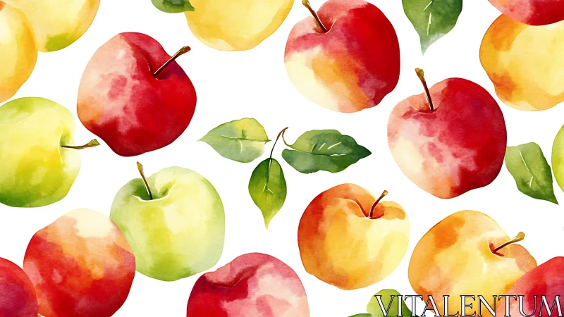 Watercolor apples pattern with bright red yellow green fruit