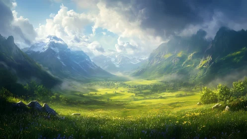 Sunlit alpine valley unfolding beneath brooding storm clouds.