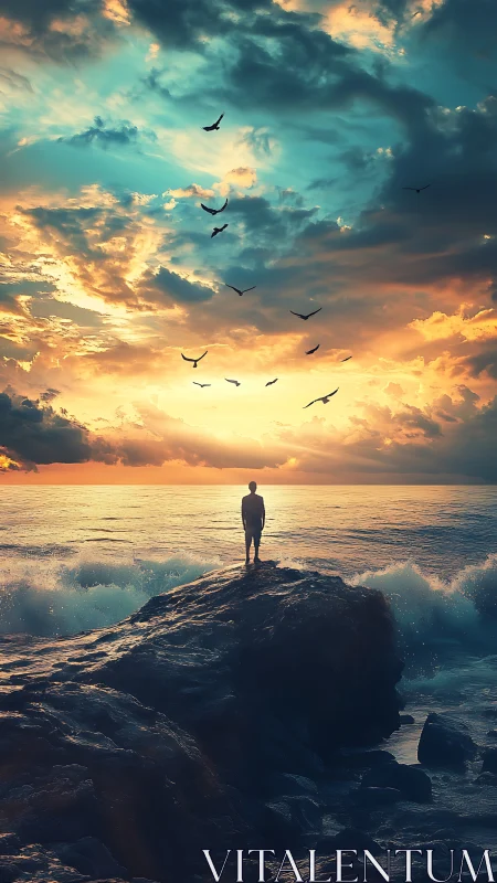 Solitary figure stands on coastal rock beneath clouded sky