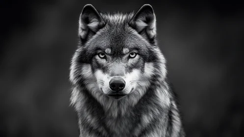 Silver-eyed wolf stares through shadowed monochrome silence.