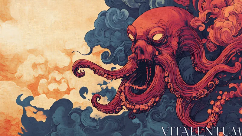 Cosmic tentacled beast erupts from swirling ochre and teal clouds