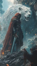 Cloaked warrior and spectral white lion guarding icy pass.