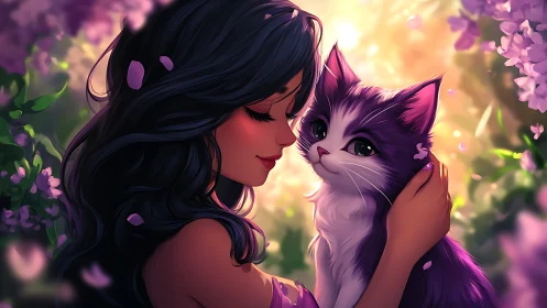 Woman with Ethereal Cat in Luminous Floral Garden.