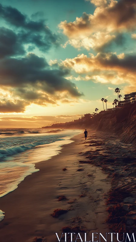 Cinematic coastal sunset with solitary figure and receding surf.