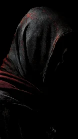 Shrouded hooded figure in dramatic low key shadow.