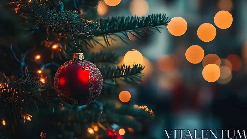 Macro view of red Christmas bauble on fir tree with bokeh lights