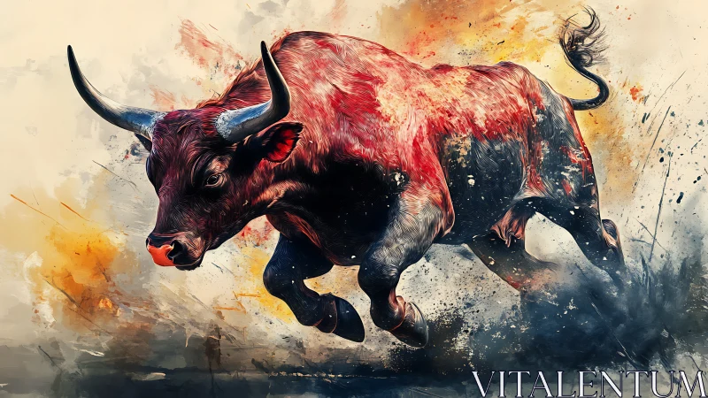 Running bull is rendered with energetic brushwork and motion