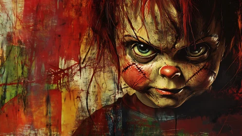 Grinning stitched doll stalks through splattered nightmare hues.