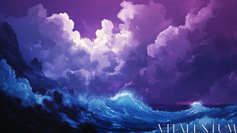 Stormy twilight waves beneath glowing violet clouds.