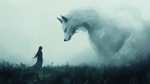 Girl facing giant spectral wolf in misty grassland field.