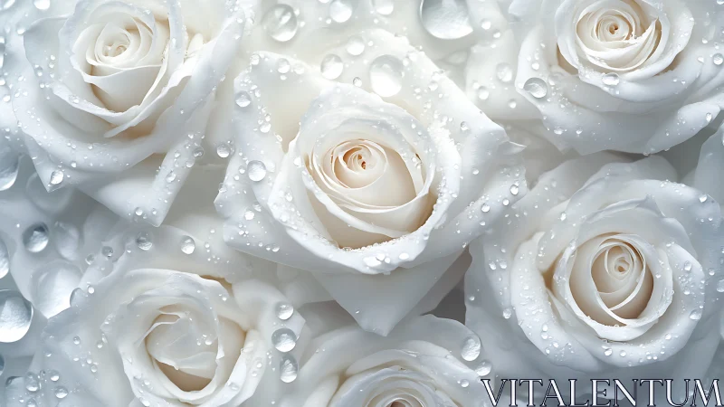 Pristine white roses glistening with morning dew.