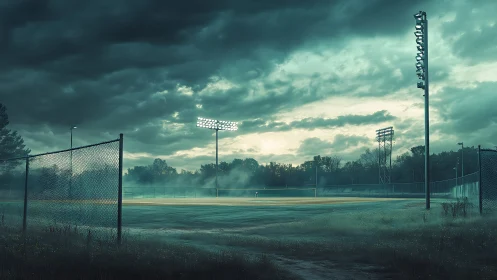 Moody ballfield glows under stormy evening sky lights