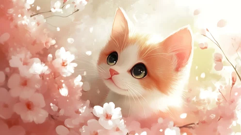 Ginger and White Cat with Pink Blossoms
