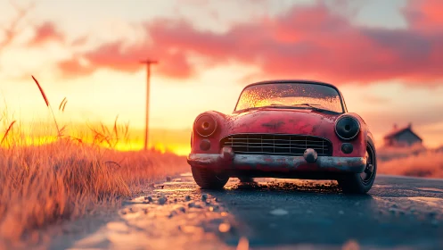 Weathered red coupe under cinematic golden sunset light.