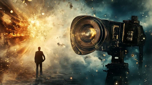 Giant camera lens facing silhouetted man in cosmic blast.
