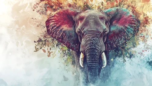 Majestic elephant emerges from abstract watercolor foliage