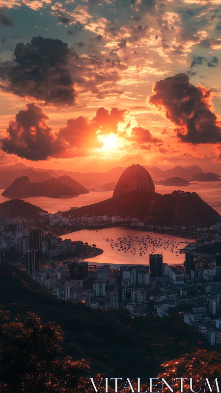 Volumetric sunset over coastal metropolis and bay geometry.