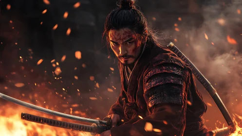 Battle-scarred samurai poised in firelit cinematic close-up