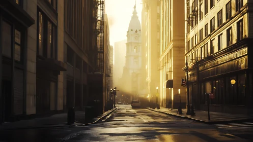 Sunlit city canyon frames a distant clocktower in gold haze.