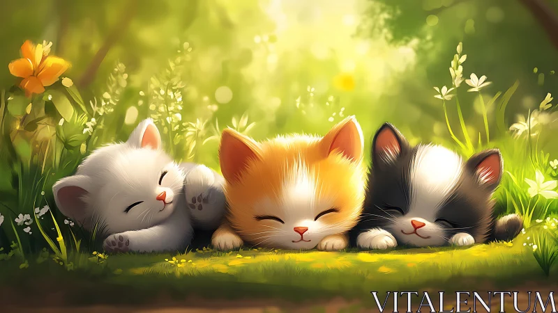 Three Kittens Resting in Sunlit Meadow With Flowers