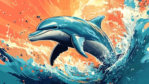 Joyful dolphin leaping through sunlit waves in bright color.