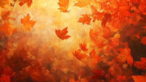 Golden autumn leaves swirling in warm orange light.