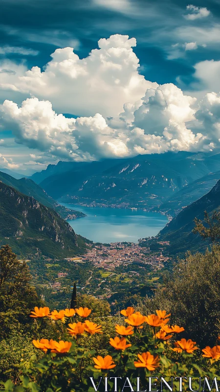 Sunlit alpine lake valley framed by vivid orange blooms.