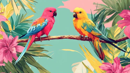 Vibrant tropical parrots perched on branch in colorful digital art.