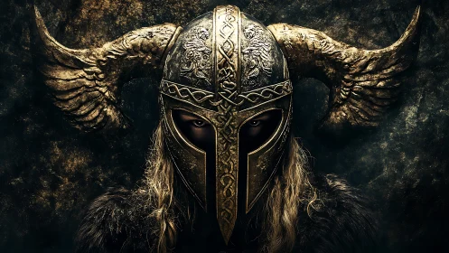 Photorealistic Viking warrior portrait with ornate horned helm.