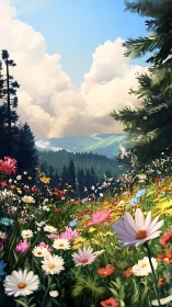 Mountain meadow with wildflowers under cumulus clouds.