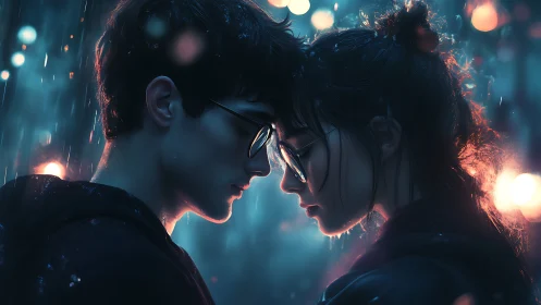 Luminescent Facial Proximity: Neon-Edged Silhouettes in Rain.