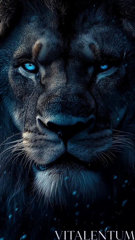 Blue-eyed lion portrait in dramatic dark lighting.