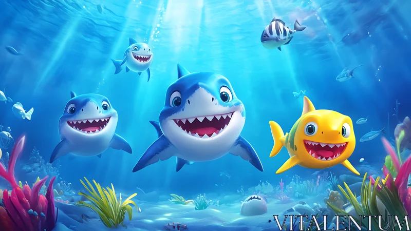 Chromatic juvenile sharks in stylized refracted seafloor light.