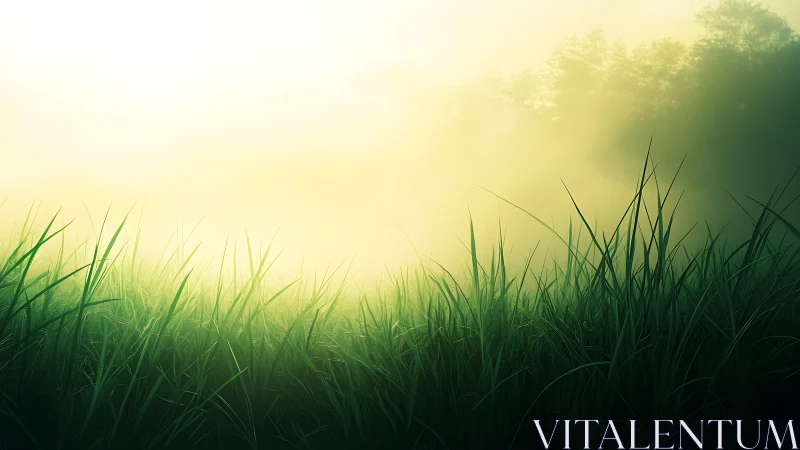 Lush green grass in morning sunlight, atmospheric nature scene.