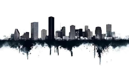 Ink-splashed skyline drips into a mirrored urban horizon