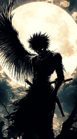 Midnight winged swordsman carves shadows from the full moon